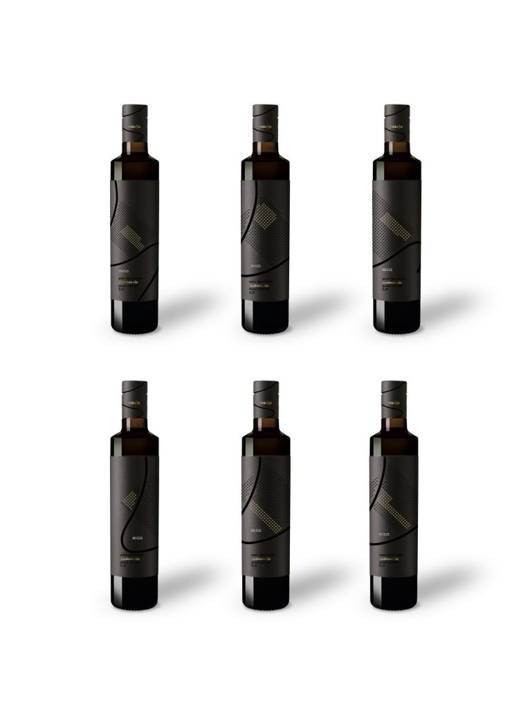 Six Rošulja olive oil bottles with individual grove-mapped labels